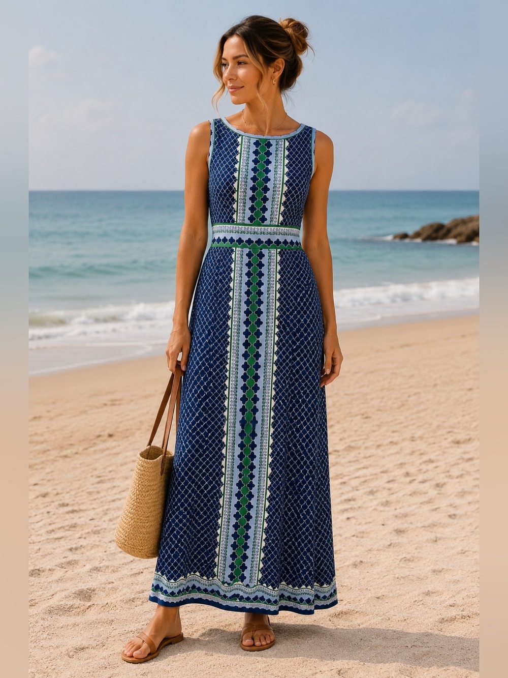 Max Studio Blue Green Geometric Print Sleeveless Maxi Dress Size Small